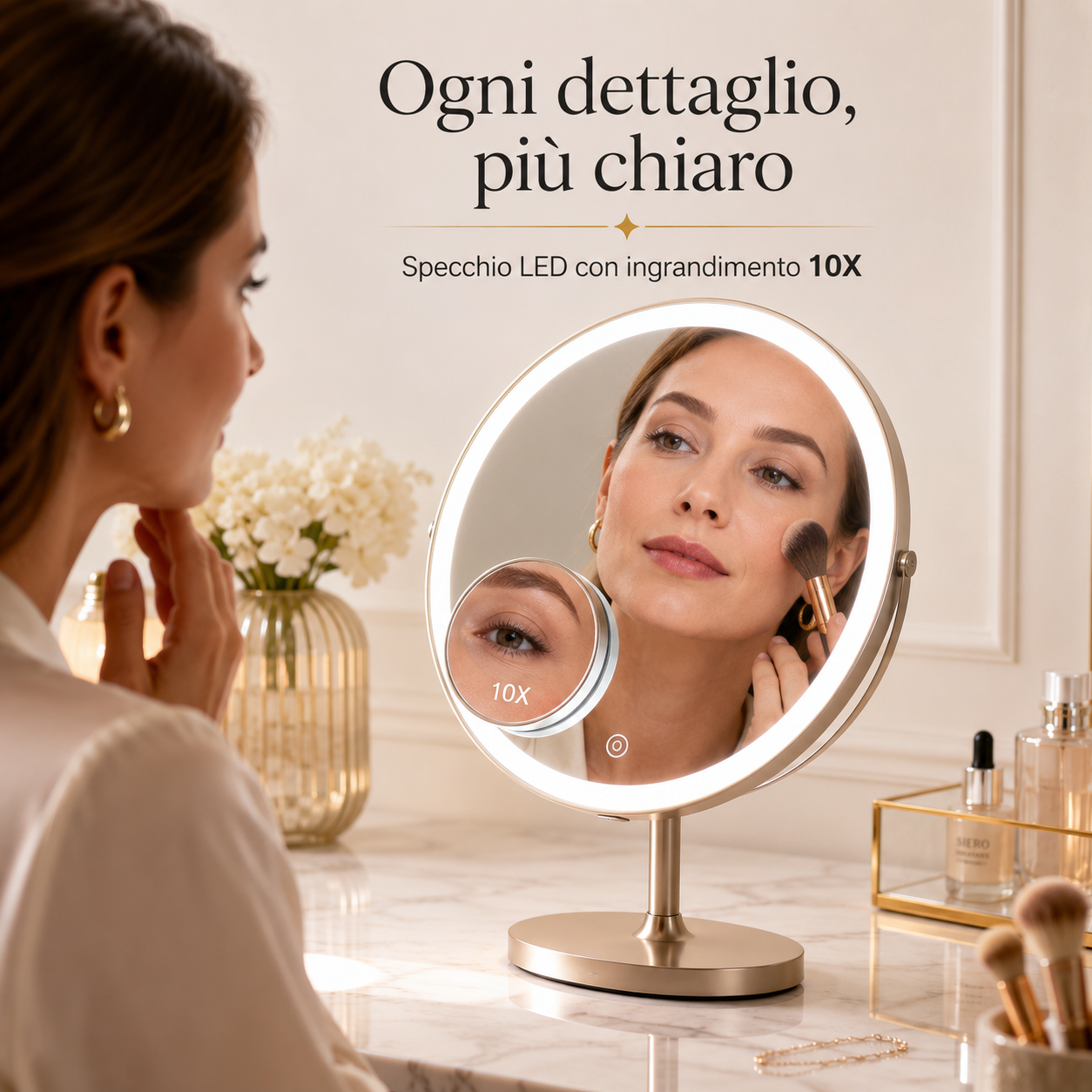 Specchio trucco rotondo 21 LED con ingrandimento 10X